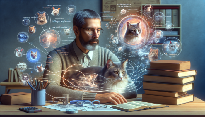 Jackson Galaxy in a serene room, studying a cat's behavior with books and diagrams on feline psychology.