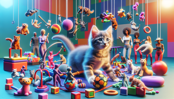A playful kitten confidently engaging with various toys, people, and pets in a vibrant environment.