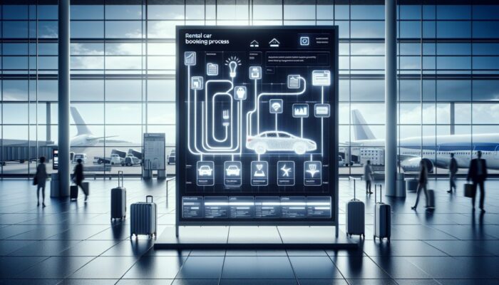 A modern interface for easy rental car booking at an airport.