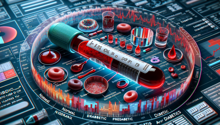 A medical illustration of a diabetes blood test analyzing glucose levels, showing normal, pre-diabetic, and diabetic ranges.
