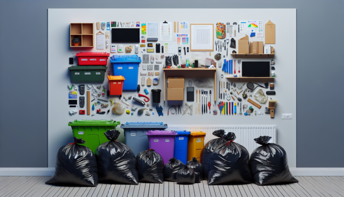 UK house clearance with heavy-duty waste bags and colour-coded containers for sorting items.