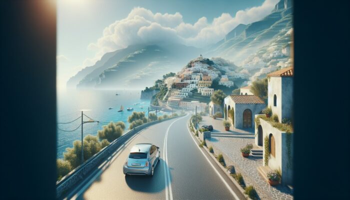 A serene Amalfi Coast road trip with flexible car rental, allowing spontaneous stops and stress-free travel.
