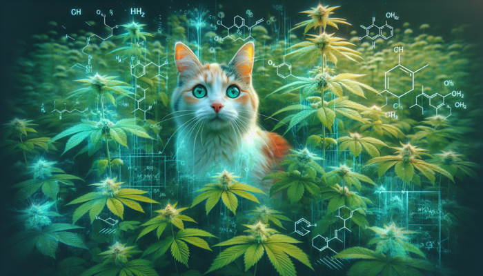 A curious cat amidst green catnip plants, with a scientific diagram illustrating chemical and genetic structures.