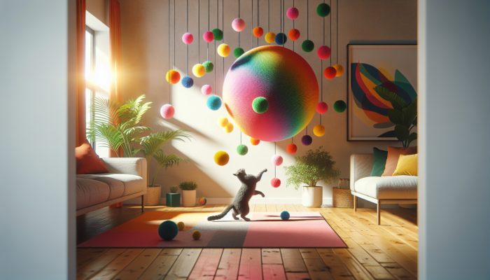 A lively cat playing with a vibrant catnip wall ball in a cozy living room.