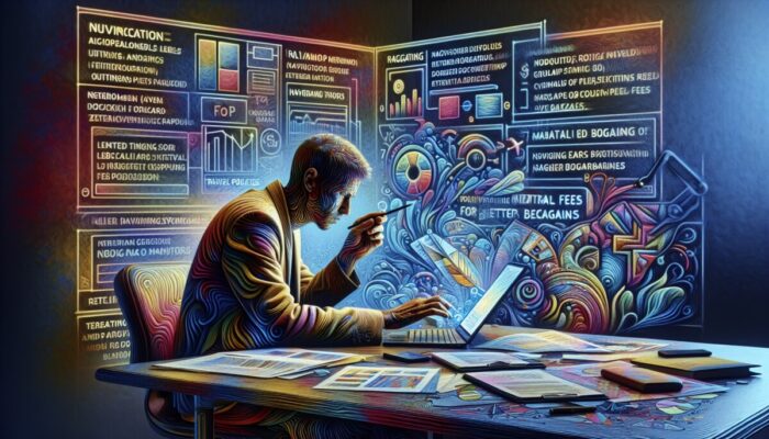 Person at desk using laptop to research travel blogs and forums for rental policy tips and deals.