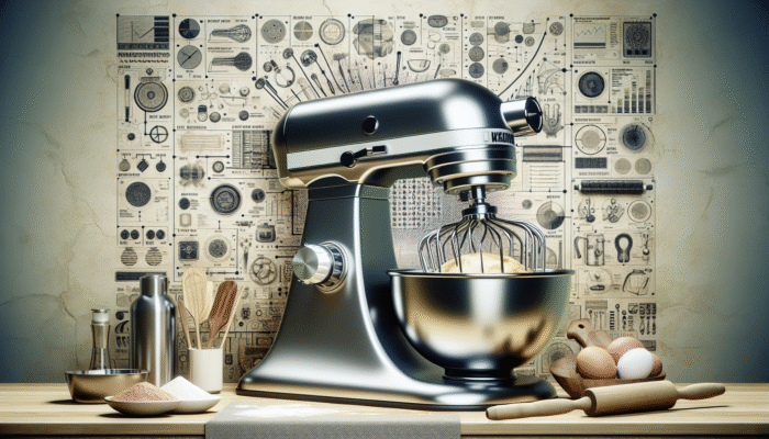 Powerful stand mixer with 500-watt motor kneading artisan bread dough on kitchen counter.