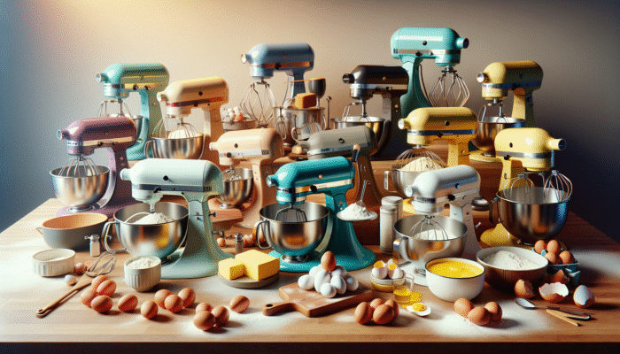 A colorful array of stand mixers on a kitchen countertop with ingredients nearby.