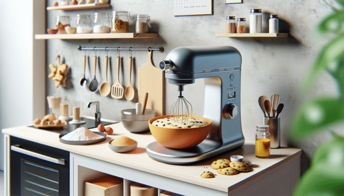 A compact mini stand mixer on a modern kitchen counter, blending cookie dough in a vibrant bowl.