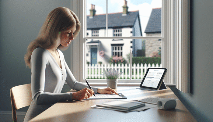 Individual completing Lasting Power of Attorney paperwork at a desk, with a UK home visible through the window, representing remote management.