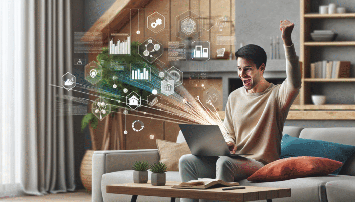 Person using laptop to compare furniture prices on PriceSpy, Google Shopping, and idealo, with price variation graphs and alerts in a cozy home.