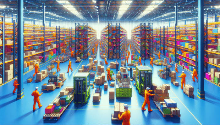 Workers in bright uniforms sorting and disposing of colourful clearance items in a lively warehouse using modern, eco-friendly technology.