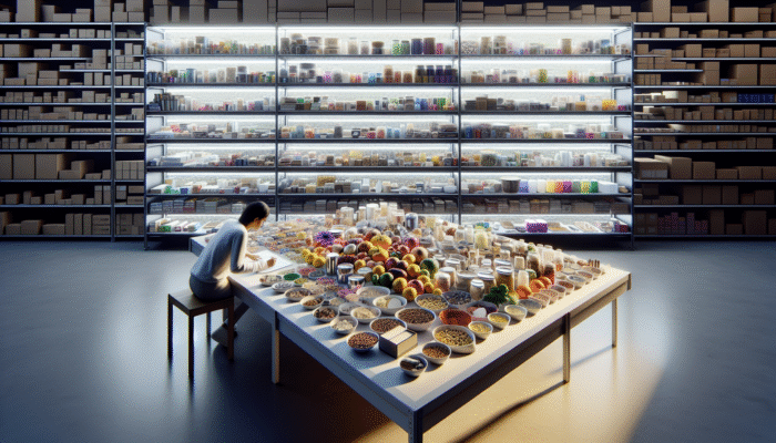 A person organizing diverse items into labeled categories on a table, with neatly sorted shelves around.