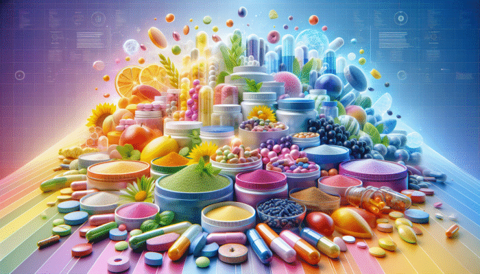 A visually appealing assortment of dietary supplements in various forms like capsules, tablets, and powders on a lively background.