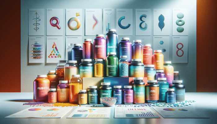 An assortment of specialty supplement bottles featuring probiotics, omega-3, and protein powders on a health-centric background.