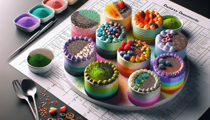 Colourful dairy-free desserts featuring chia seeds, flaxseeds, and spirulina, showcasing texture and health benefits.