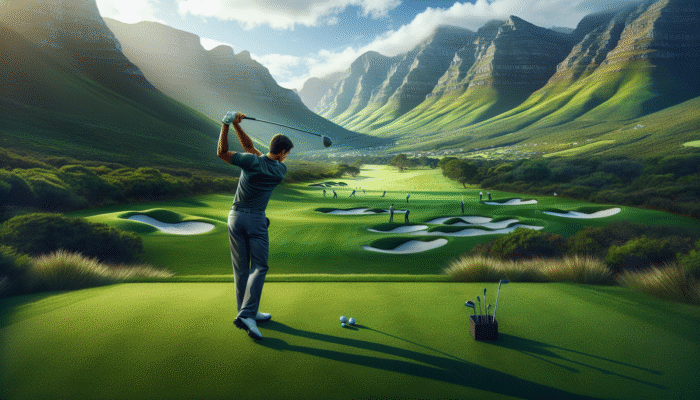 Golf Shoulder Mobility: A South African golfer practising shoulder rotations on a lush Cape Winelands course with mountains in the background.