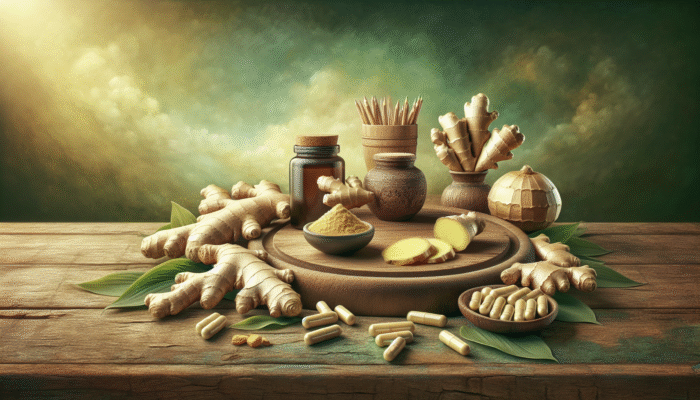 Various forms of ginger including fresh, dried, powdered, and capsules on a wooden table, green background.