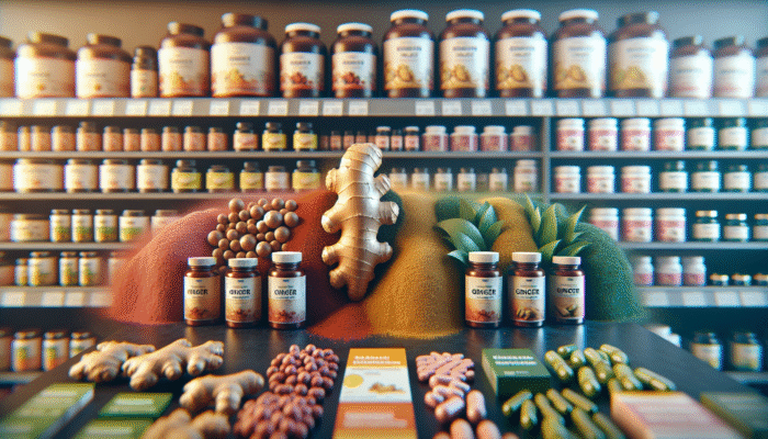 Variety of ginger supplements in capsules, powders, extracts on a UK health store shelf, showcasing vibrant colors.