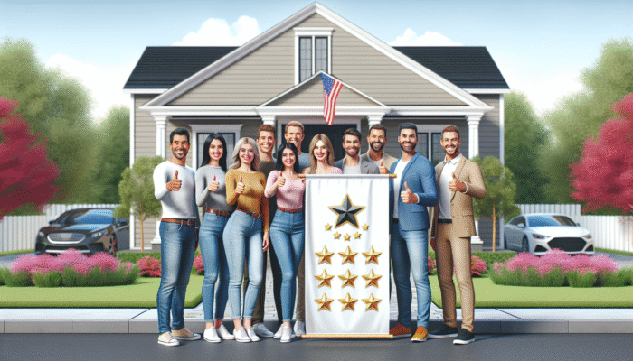 Delighted homeowners giving thumbs-up in front of their home, proudly displaying a banner with top-rated home service logo and reviews.