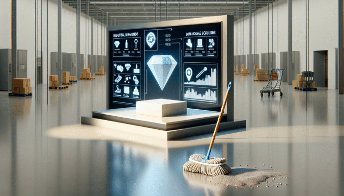 Industrial diamond tools and low-moisture scrubbers gently treating stone, creating a lasting shine, in contrast to a supermarket mop.