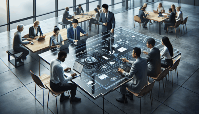 Professionals collaborating in a modern office with Google Workspace tools like Gmail, Google Drive, and Google Docs.