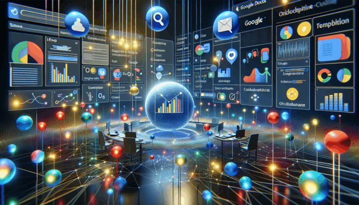 A vibrant digital workspace showcasing real-time collaboration on Google Docs, Sheets, and Meet with colourful graphs and chat bubbles.