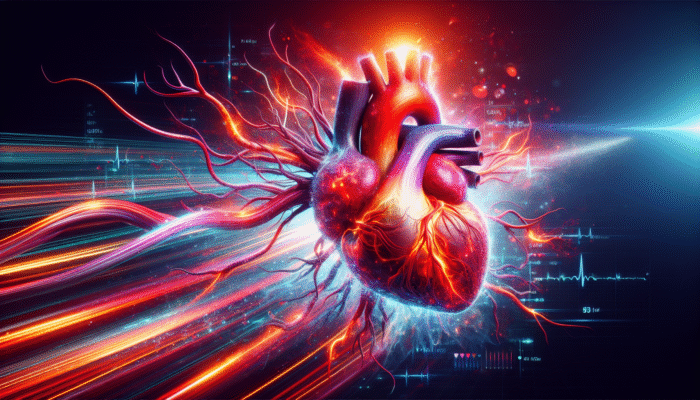 Enhancing Heart Health with Essential Nutrients: A vibrant heart with flowing blood vessels, showing heart rate and cholesterol levels.