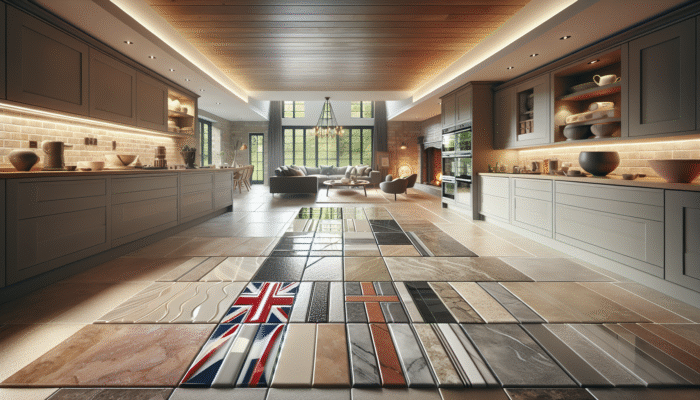 UK home interior showcasing glossy ceramic, smooth porcelain, and textured natural stone tiles, each treated with suitable sealers.