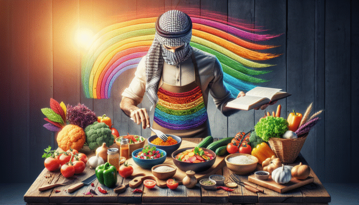 A person arranging colourful gluten-free dishes on a rustic table with fresh ingredients and recipe books.