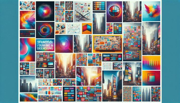 A vibrant collage of advertisements with bold text, colourful graphics, and product images against a cityscape.
