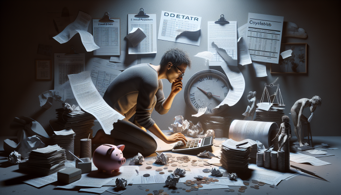Understanding the Impact of Debt Consolidation on Future Loans: Impact Explained | DCL Individual in a dimly lit room, surrounded by financial documents, anxiously calculating extended debt repayment on a calculator, with a calendar showing prolonged dates.