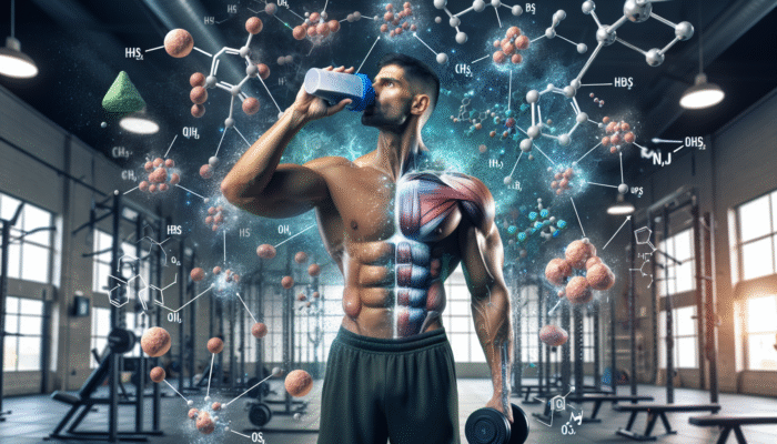 A muscular athlete drinking a protein shake in a gym, surrounded by amino acids and regenerating muscle fibers.