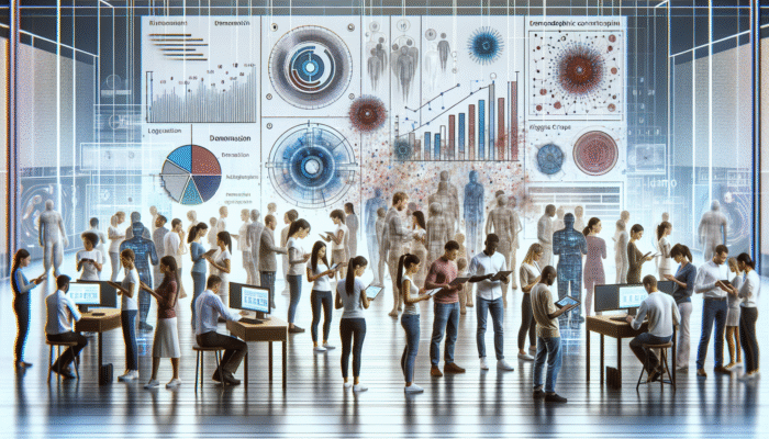 Utilising Local Influencers for Enhanced Brand Awareness: A diverse group using digital devices amidst floating demographic data and analytics graphs in a modern tech environment.