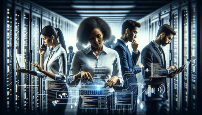 A diverse IT team in a modern data centre providing technical support and customer service.