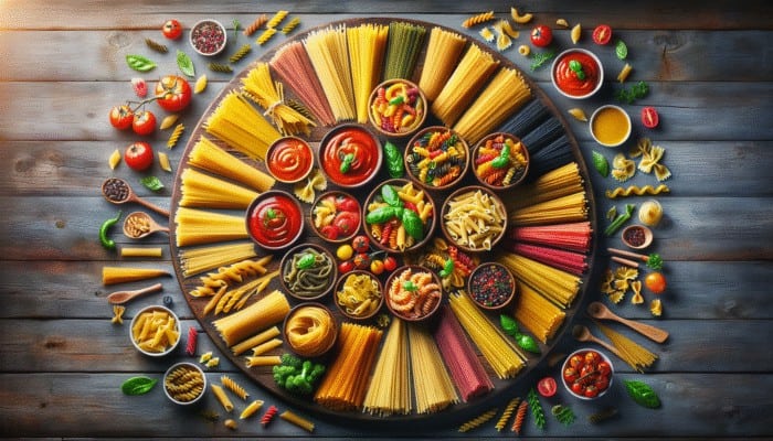 A colourful display of spaghetti, penne, and fusilli paired with their ideal sauces on a rustic wooden table.
