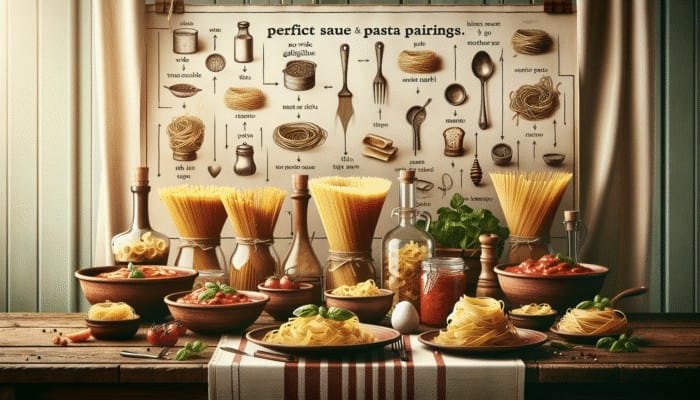 A rustic Italian table featuring tagliatelle and meat ragu, angel hair with light tomato sauce, showcasing perfect pairings.