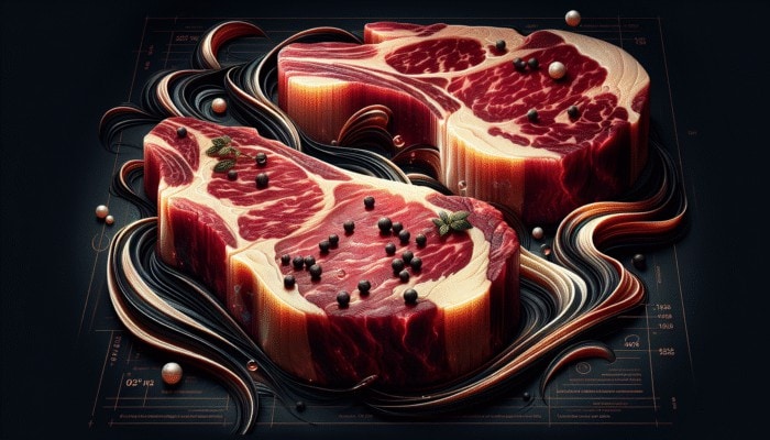 Close-up of USDA Prime Wagyu beef steaks with rich marbling on a dark background.