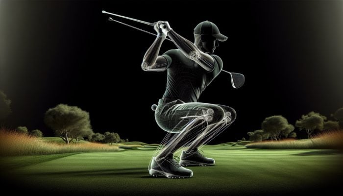 Golfer performing squat on green course, emphasising leg and hip power, with golf club.
