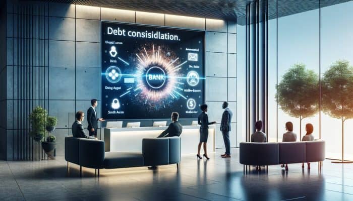 Modern bank lobby with digital screen showing Barclays' debt consolidation loans, consultant assisting diverse clients.