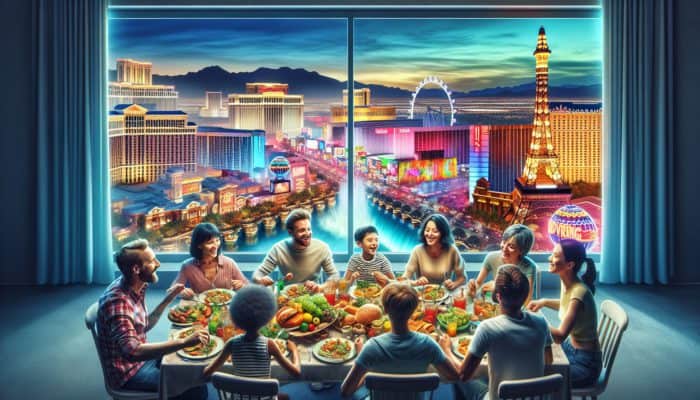 Family enjoying a meal in Las Vegas, with city attractions visible, enhancing their adventure.