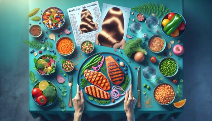 A table showcasing grilled chicken, salmon, lentils, and chickpeas, representing protein-rich foods beneficial for hair health.