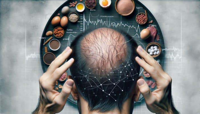 Scalp exhibiting thinning, brittle hair and patches of loss alongside protein-rich foods like eggs, meat, and legumes.