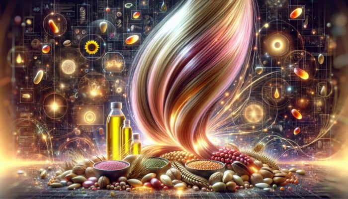 Lustrous hair strands coated in omega-6 fatty acids, alongside nuts, seeds, and oil bottles.