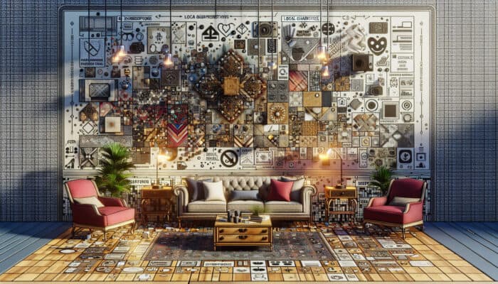 A room showcasing various furniture types with signs for special disposal methods and charity logos.