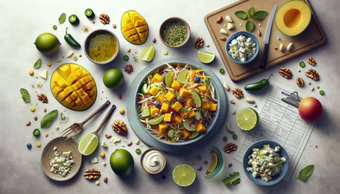Vibrant coleslaw featuring mango, lime, blue cheese, nuts, and jalapeños, adorned with fresh herbs.