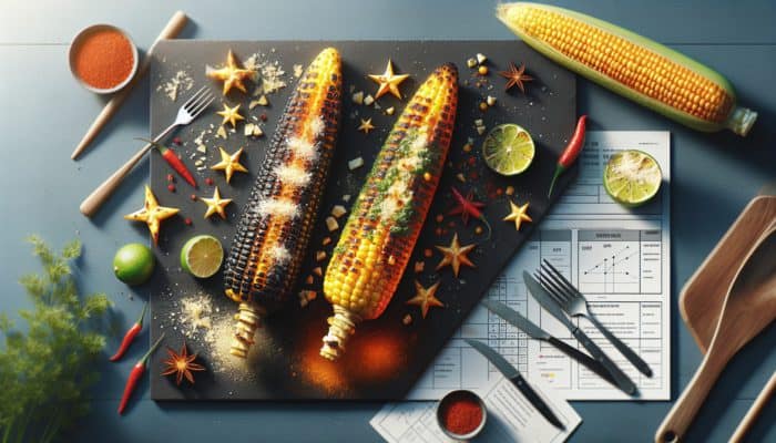 Grilled corn drizzled with truffle oil and parmesan, and chili lime with cotija cheese at a summer BBQ.