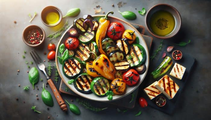 Colourful grilled vegetable platter showcasing zucchini, bell peppers, eggplant, halloumi, and tofu, drizzled with herb-infused oil and vinegar.