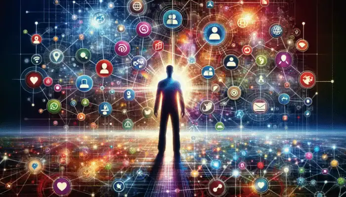 Person engaging with social media icons, building a web of connections for effective link building.