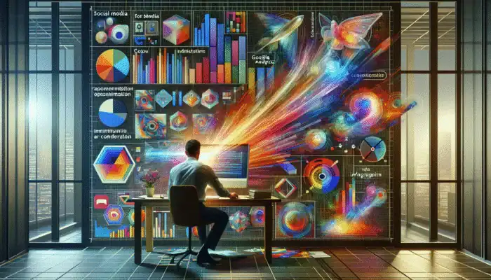A person analyzing social media performance metrics on a computer, surrounded by social media icons and analytics tools.