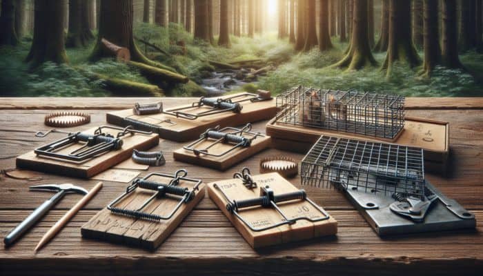 A variety of animal traps on a rustic table: snap traps and humane cage traps, in a forest setting.